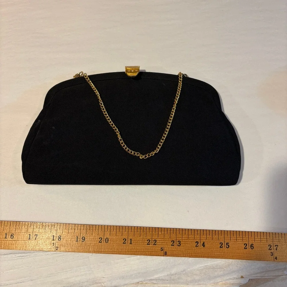 Vintage Black Crepe Evening Clutch Bag Gold Chain Strap Formal Gala Wedding